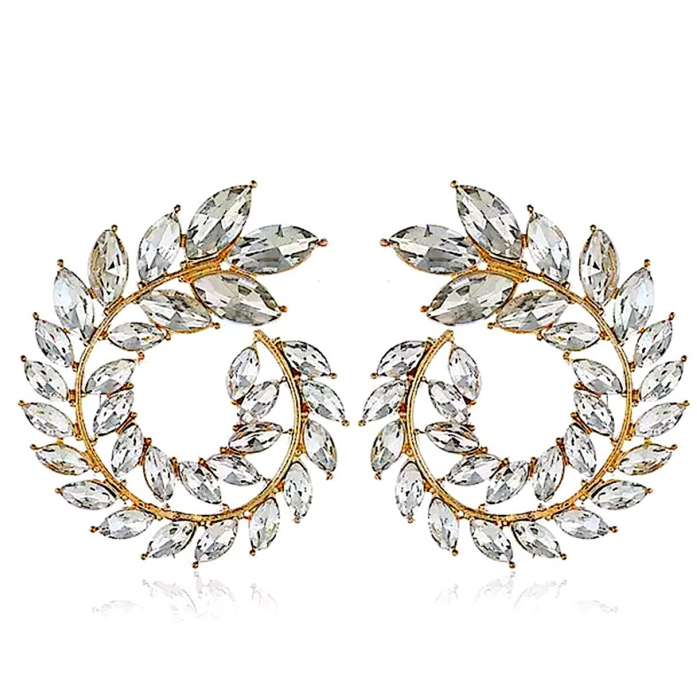 Gold Cubic Zirconia Wreath Leaf Earrings Wedding Bridal Gift - Picture 3 of 3